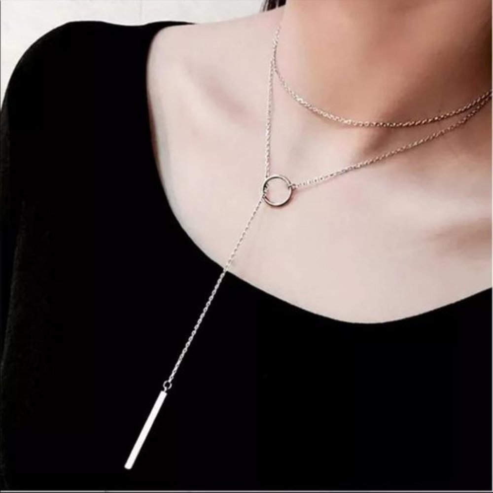 NEW**925 STERLING SILVER BAR CIRCLE NECKLACE - Picture 1 of 4